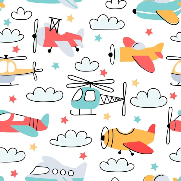 Nahtloses Muster für Junge mit Cartoon-Kinderflugzeug und Hubschrauber. Kinderzimmer Tapete mit Fliegenflugzeugen und Wolken. Lufttransportvektordruck — Stockvektor