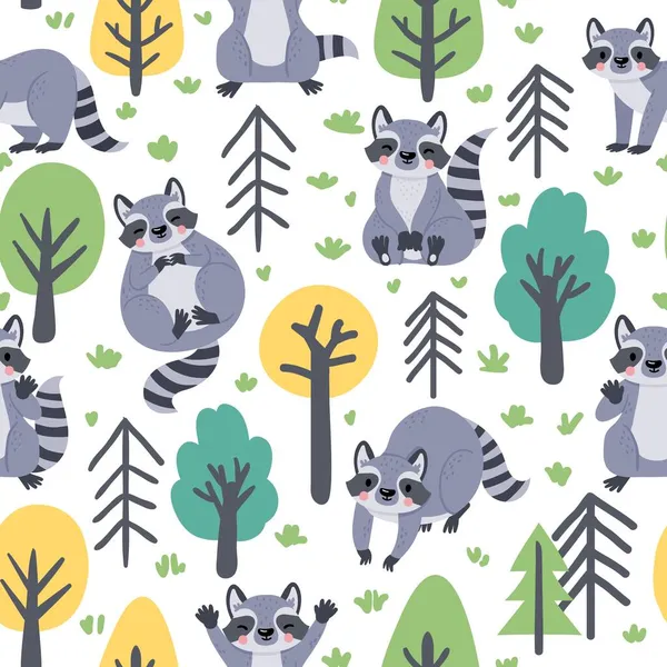 Söt sömlös mönster med tecknad skog tvättbjörnar och träd. Barnsligt tryck med glada djur. Baby racoon för plantskola vektor tapeter — Stock vektor