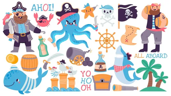 Мультяшний пірат капітан і моряк, череп, скарби грудей і карта. Острів пригод, акула, восьминіг, прапор і ром. Діти пірати Векторний набір — стоковий вектор