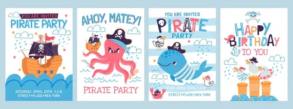 Caricatura pirata cumpleaños fiesta tarjetas de invitación para niños. Feliz mar carteles de aventura con barco pirata, pulpo, gaviota y ballena vector conjunto — Vector de stock