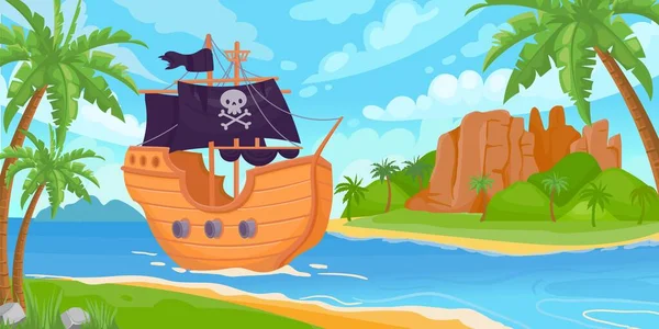 Морской пейзаж с тропическим островом сокровищ и парусный пиратский корабль. Мультфильм детей морской приключенческий фон игры. Векторная сцена пиратских лодок — стоковый вектор