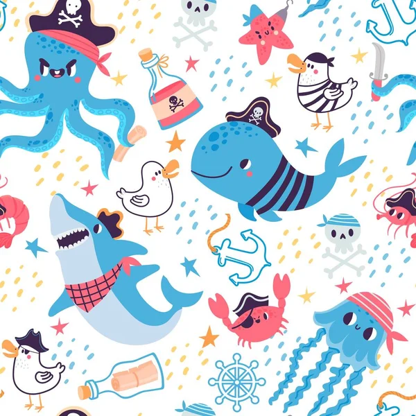 Patrón divertido sin costuras de dibujos animados para niños con animales piratas. Diseño de viaje marino con ballena, tiburón, cangrejo y pulpo, fondo de pantalla de vector de mar — Archivo Imágenes Vectoriales