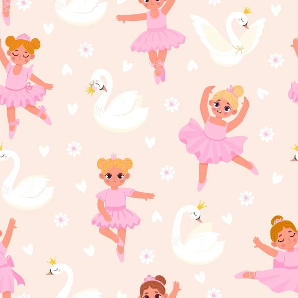 Dibujos animados poco bailarina niñas y cisnes patrón sin costuras. Princesa de hadas en vestidos rosas bailando ballet. Lindos bailarines para el fondo de pantalla vectorial — Vector de stock