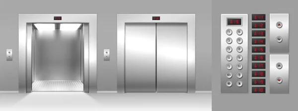 Realistický otevřený a uzavřený výtah, tlačítka a displej s číslem podlahy. 3D zdvih kovové brány a vnitřní panel. Nákladní výtahy kabinové vektory nastaveny — Stockový vektor