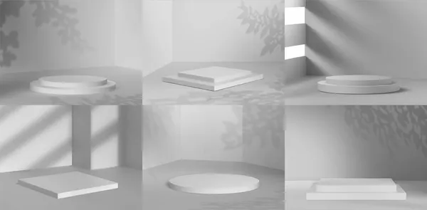3D weiße Podium-Attrappen mit Fensterlicht und Schatten. Bühnenplattformen für die Präsentation kosmetischer Produkte. Verkaufsstand-Vektorvorlage eingestellt — Stockvektor