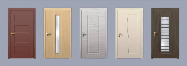 Realistické moderní dřevěné dveře, dům a vchod do pokoje. 3D přední dveře se sklem a knoflíkem. Byt nebo kancelář dřevo dveře design vektor set — Stockový vektor