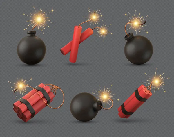 Bombe 3D réaliste, bâtons de tnt et de dynamite avec fusible brûlant. Arme militaire explosive ou pétards avec mèche. Ensemble vectoriel de bombes noires — Image vectorielle