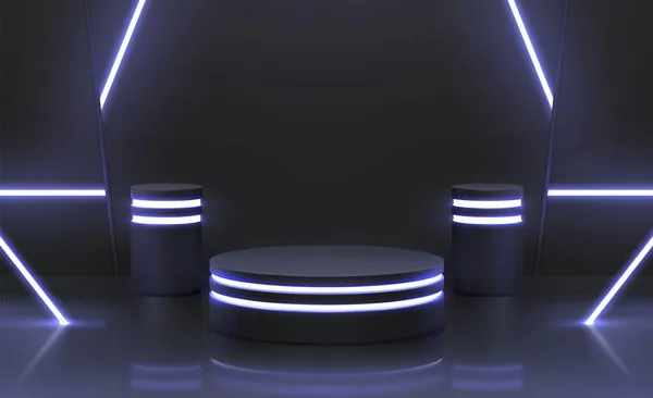 Futuristic cyber stage dengan 3d neon podium untuk tampilan produk. Platform gelap dengan lampu menyala. Digital stand untuk gadget, adegan vektor - Stok Vektor