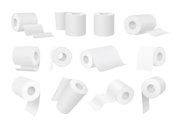 现实的白色卫生纸和厨房毛巾卷。3D气缸卫生用管子擦拭。浴室纸组织产品模拟病媒集 — 图库矢量图片