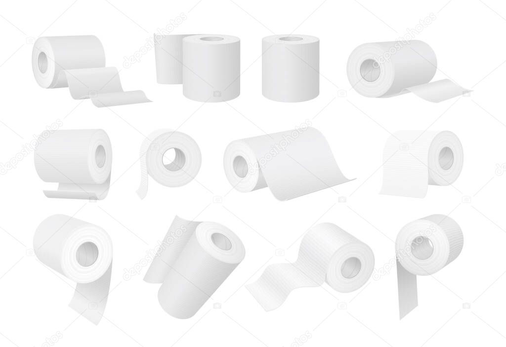 Realistic white toilet paper and kitchen towel rolls. 3d cylinder hygiene wipes with tube. Bathroom paper tissues product mockup vector set