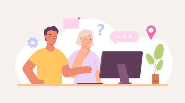 Torun ya da gönüllü yaşlı bir kadının bilgisayar öğrenmesine yardım et. Büyükannem internet kullanıyor. Yaşlılar için modern teknoloji okulu vektör konsepti