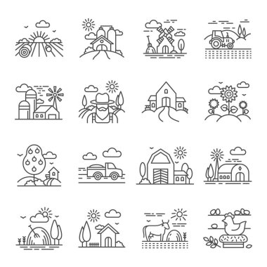 Tarlaları, ahırları ve makineleri olan kırsal ve çiftlik arazileri. Tarım endüstrisi simgeleri. Çiftlik binaları, hasat, tarım arazisi vektörü seti