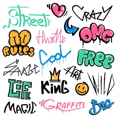 Graffiti kelimeleri ve elementler, sprey boyalı sokak sanatı. Soyut şehir duvarı vahşi, vahşi, kral, özgür ve havalı vektör kümesini karalıyor