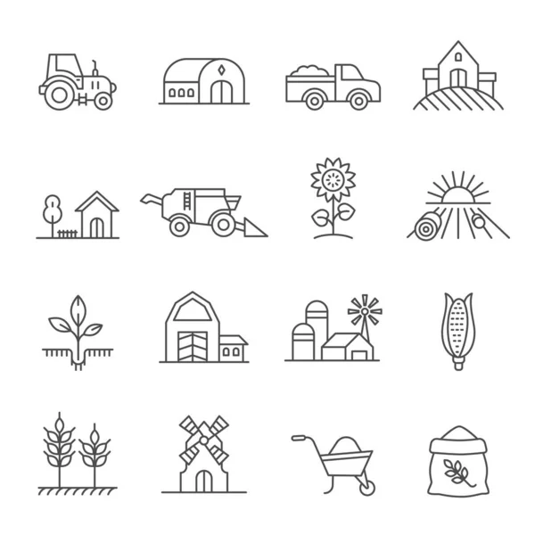 Іконки лінії сільського господарства з трактором, фермерським будинком, автомобілем та полем. Сільське господарство, машинобудування та органічний продукт. Векторний набір значків фермерства — стоковий вектор