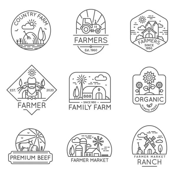 Сільськогосподарська органічна продукція лінійка етикетки та логотипу з полями та сараєм. Ікони свіжих продуктів харчування, сільський пейзаж природи. Векторний набір ферм — стоковий вектор
