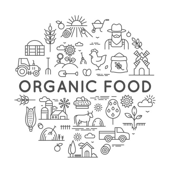 Organic food label for farmer market with agriculture line icons. Round logo with farm fresh eco products, barns and equipment vector design — Stock Vector