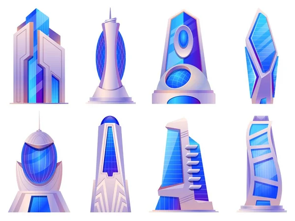 Desenhos animados edifícios futuristas da cidade e arranha-céus construção de vidro. Construção de torre alienígena ou futura, conjunto vetorial de arquitetura cyberpunk urbana —  Vetores de Stock