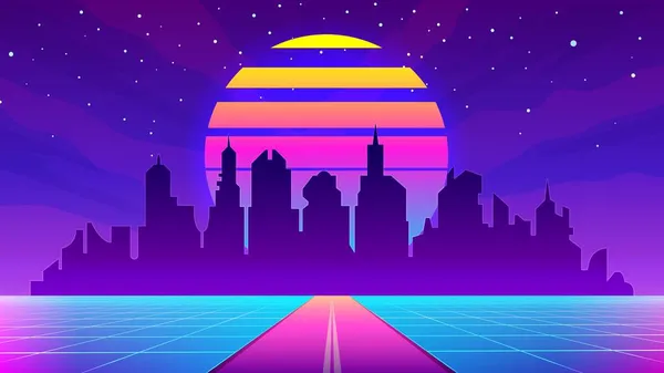 Paesaggio urbano futuristico anni '80 con tramonto, griglia e autostrada. Realtà virtuale paesaggio urbano in colore neon. Cyber futura scena vettoriale urbana — Vettoriale Stock