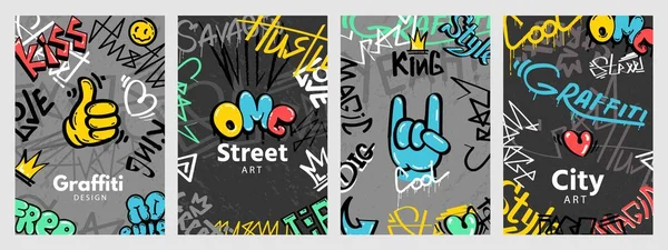 Abstrakte Street-Art-Plakate mit Slogans im Graffiti-Stil. Städtische Wände sprühen Farbzeichnungen und Spritzer. Cooles Cover Anarchie Designs Vektor Set — Stockvektor