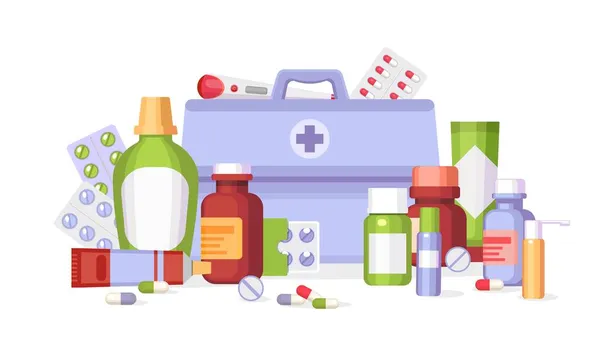 Plochá lékárnická skupina lékových blistrů, nádob a lahviček. Léčivé lahvičky, pilulky, léky a vitamínové tablety. Koncepce vektoru medikace — Stockový vektor