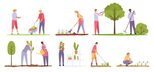 Flat people characters planting trees and flowers in garden. Ecology volunteers with shovels and rakes. Farm and gardening worker vector set — Stock Vector