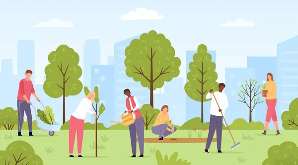 Relawan ekologi datar menanam pohon dan bunga di taman kota. Masyarakat umum melakukan berkebun musim semi. Orang-orang bekerja di kebun vektor adegan - Stok Vektor