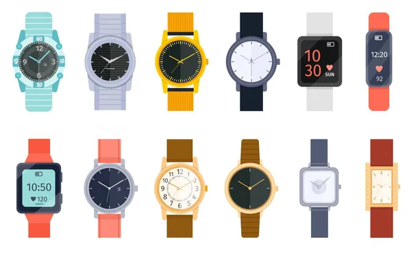Plana moderna, clássico e relógios de pulso de luxo com pulseira. Relógio inteligente, relógio de mão acessório para homens e mulheres. Desenhos animados relógios conjunto vetor —  Vetores de Stock