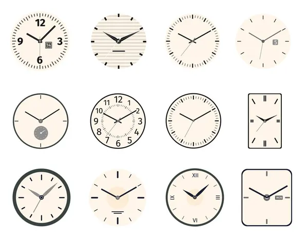 クラシックとヴィンテージの時計や時計の顔の円や長方形のデザイン。アナログ時計は、ローマ数字、手と針ベクトルセットとダイヤル — ストックベクタ