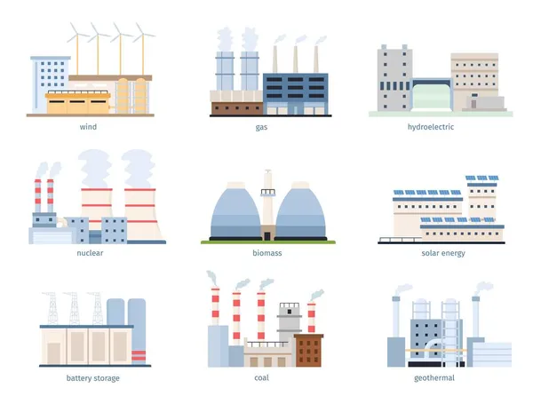 Επίπεδες πηγές ηλεκτρικής ενέργειας, άνθρακας, φυσικό αέριο και πυρηνική ενέργεια. Μονάδα παραγωγής καθαρής ηλεκτρικής ενέργειας. Σύνολο φορέων ηλιακής, αιολικής, βιομάζας και θερμικής ενέργειας — Διανυσματικό Αρχείο