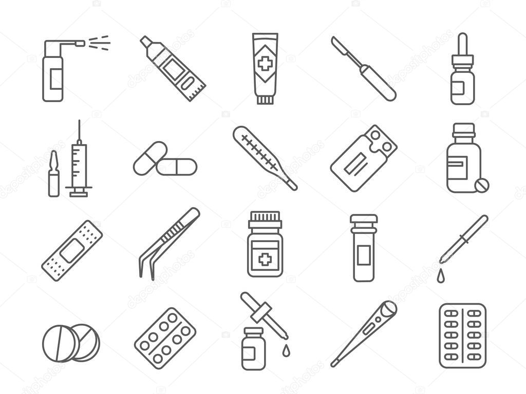 Line medical drug, vaccines, bottles and pills icons. Syringe and ampoule, aerosol, nasal spray, capsule and cream tube. Medicine vector set