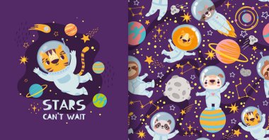 Uzayda sevimli çizgi film hayvanları, pijama izleri ve desen tasarımı. Uzay elbiseli astronotlar evrende uçuyor.