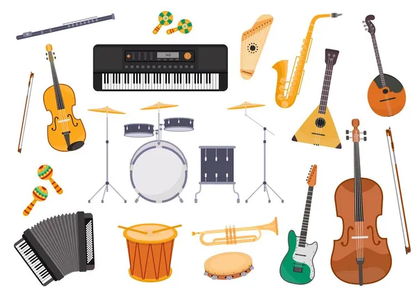 Flat musical instrument, guitar, accordion, drum, saxophone and flute. Classic folk music orchestra, jazz and rock band equipment vector set — Stock Vector