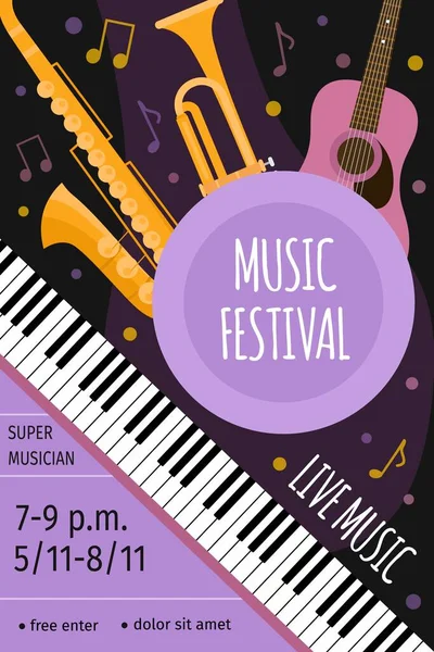 Жива музика фестиваль подій плакат з гітарою, саксофоном і клавішними. Концертний флаєр плоский дизайн з музичними інструментами Векторний шаблон — стоковий вектор