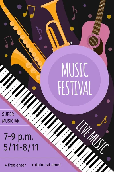 Cartaz de evento de festival de música ao vivo com guitarra, saxofone e teclados. Projeto plano de panfleto de concerto com instrumento musical modelo vetorial — Vetor de Stock