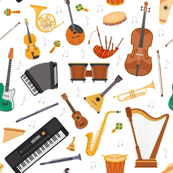 Naadloos patroon met vlakke muziekinstrumenten en noten. Snaren, percussie en blaasinstrument. Cartoon muziek vector achtergrond — Stockvector