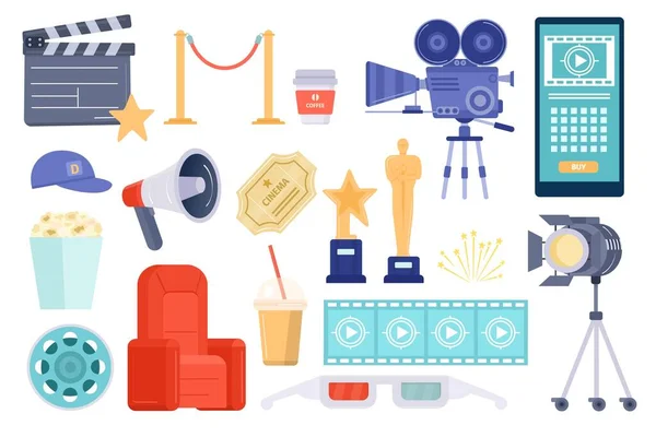 Flache Kino- und Kinoartikel, Popcorn, Preise und Eintrittskarten. Werkzeuge und Zubehör für die Filmproduktion, Filmspule, Kamera und Klöppel-Vektor-Set — Stockvektor