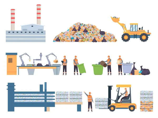 Flat garbage recycle factory building, dump and sorting conveyor. Plastic recycling industry workers. Ecology protection process vector set — Stock Vector