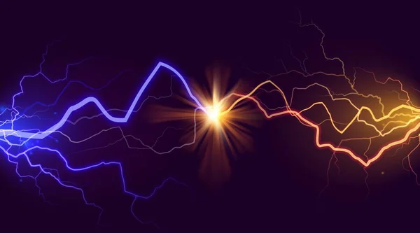 Energía eléctrica azul vs amarilla, efecto de batalla relámpago. Sendero luminoso, destello de luz eléctrica. Colisión en frío y caliente — Archivo Imágenes Vectoriales