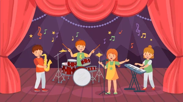 Cartoon kids music band on theatre stage with curtain. Boys playing drums and saxophone, girls singing — Stock Vector