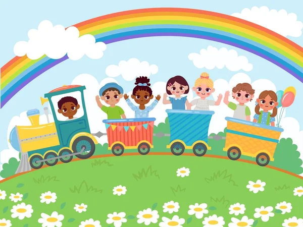 Asilo dei cartoni animati bambini felici cavalcare sul treno giocattolo. Bambini felici seduti in carrozze sotto arcobaleno in vettore cielo — Vettoriale Stock