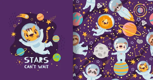 Cute zwierząt kreskówki w przestrzeni, druk piżamy i wzór projektowania. Astronauci w skafandrach kosmicznych latający we wszechświecie — Wektor stockowy