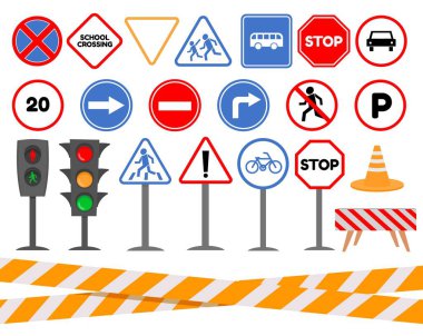 Çizgi film trafik ışıkları ve çocukların güvenliği için yol işaretleri. Arabalar ve yayalar için uyarı ve uyarı sinyalleri. Trafik kuralları element vektörü belirlendi