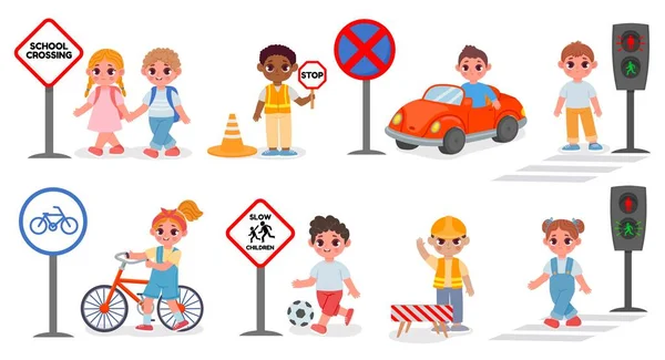 Les enfants de l'école sécurité de la rue, panneaux et règles de passage. Feu de signalisation allumé et stop. Enfant vélo et voiture. Jeu de vecteurs d'éducation routière de bande dessinée — Image vectorielle