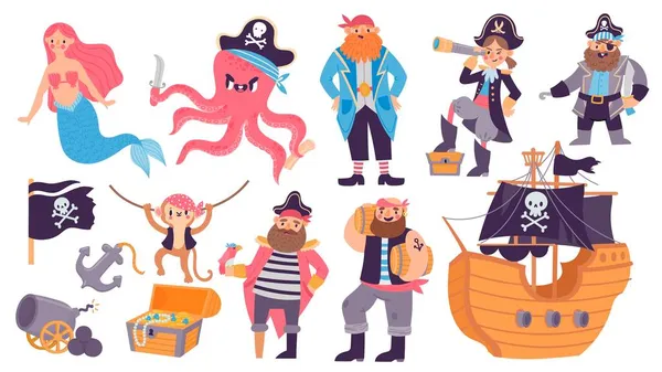 Desenhos animados navio pirata, tesouro, caráter, animais e sereia. Kid sea adventure elements, canhão, papagaio, peito, âncora e conjunto de vetor de bandeira — Vetor de Stock