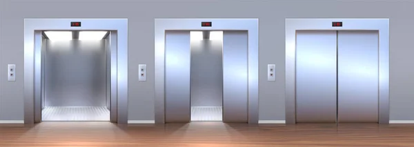 Realistický interiér haly s otevřenými a zavřenými výtahy. Prázdná chodba s kovovými výtahy. Vektor osobní nebo nákladní výtahové soupravy — Stockový vektor