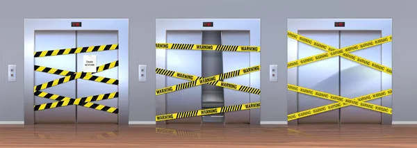 Realistické 3d rozbité výtahy na opravě s varovnou žlutou páskou. Kovové zvedací dveře s důlkem. Uzavřený poškozený výtah s opatrným nastavením vektoru — Stockový vektor