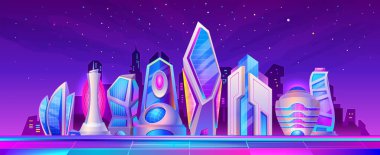 Fütürist karikatür şehir gecesi manzarası. Neon ışıklı. Gökdelenleri olan siberpunk geleceğin metropolü. Kurgusal şehir manzarası vektör sahnesi