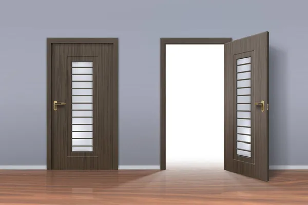 Realistické otevřené a zavřené dveře v kanceláři nebo interiéru domácí chodby. Světlo ve dveřích. Vstup do dřevěné místnosti. Koncepce vektoru příležitostí — Stockový vektor