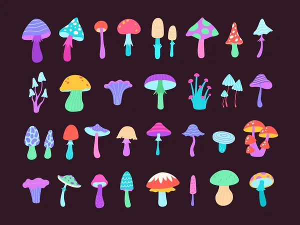 Neón groovy setas venenosas psicodélicas, setas y amanita. Dibujos animados trippy seta brillante. Plano surrealista magia hippie hongos vector conjunto — Archivo Imágenes Vectoriales