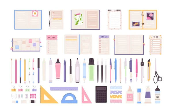 Irodai vagy iskolai írószerek, tollak, jegyzetfüzetek és tervezők. Ceruza, filctollak, ceruzák és vonalzó. Dekoratív munkaasztal tárgyak vektor készlet — Stock Vector